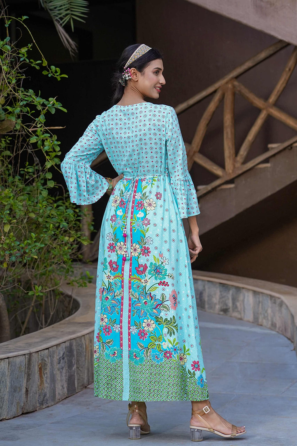 Juniper Women's Sky Blue Floral Printed Rayon Kurta With Buttons Closure At Back | Grocsy