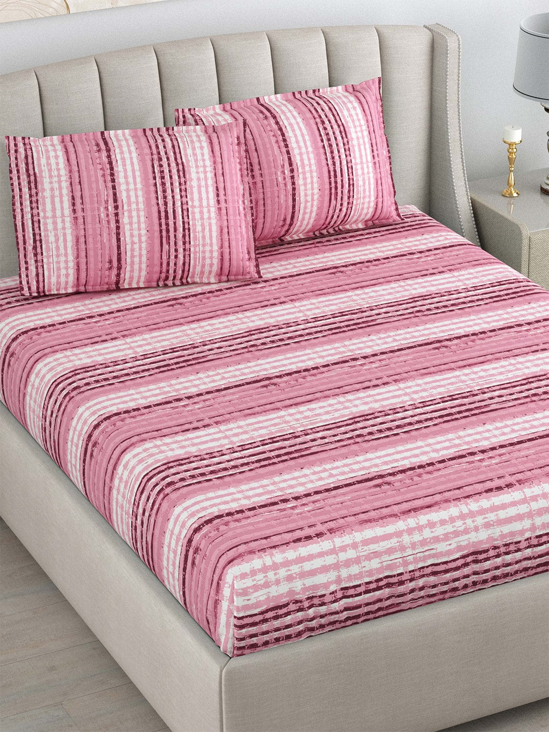DREAM WEAVERZ Pink Striped Pure Cotton 220 TC King Bedsheet With 2 Pillow Covers | Grocsy