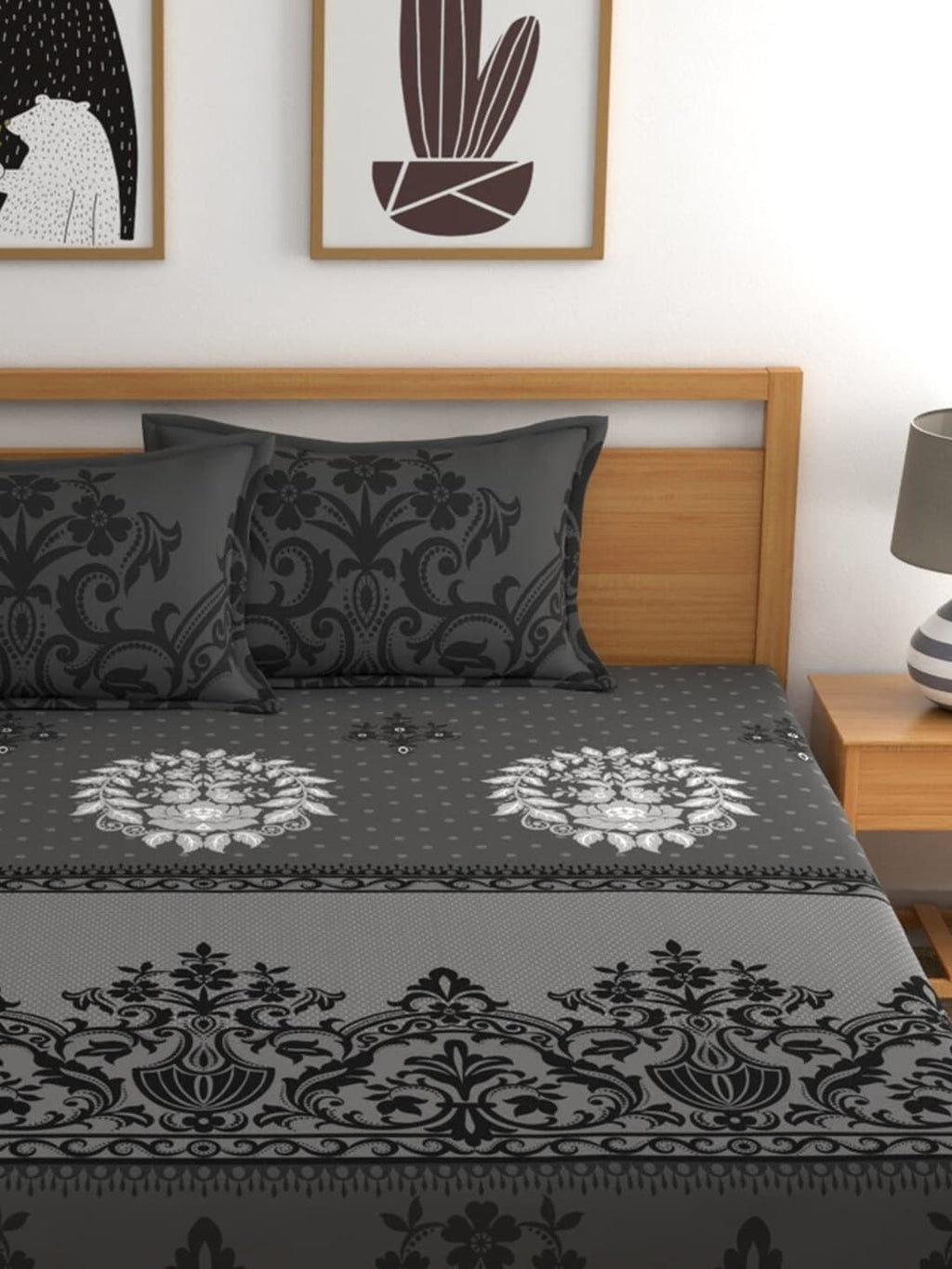 Dreamscape Grey & Black Ethnic Motifs 144 TC Bedsheet with Pillow Covers | Grocsy