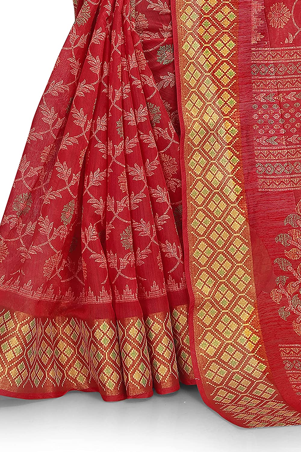 Mirchi Fashion Women's Red Cotton Blend Kalamkari Printed Saree | Grocsy