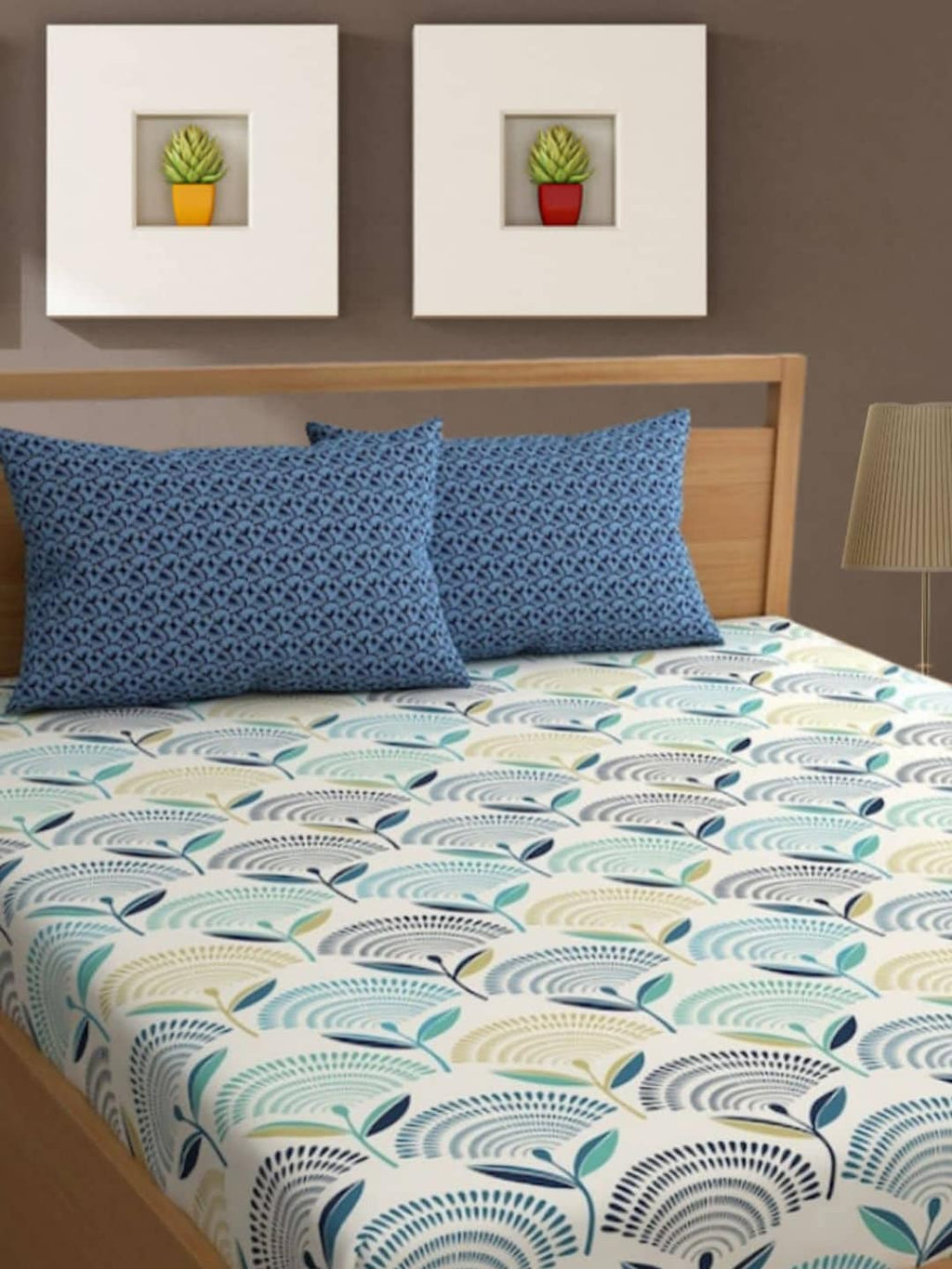Bajo's White & Green Ethnic Motifs 350 TC Cotton King Bedsheet with 2 Pillow Covers | Grocsy
