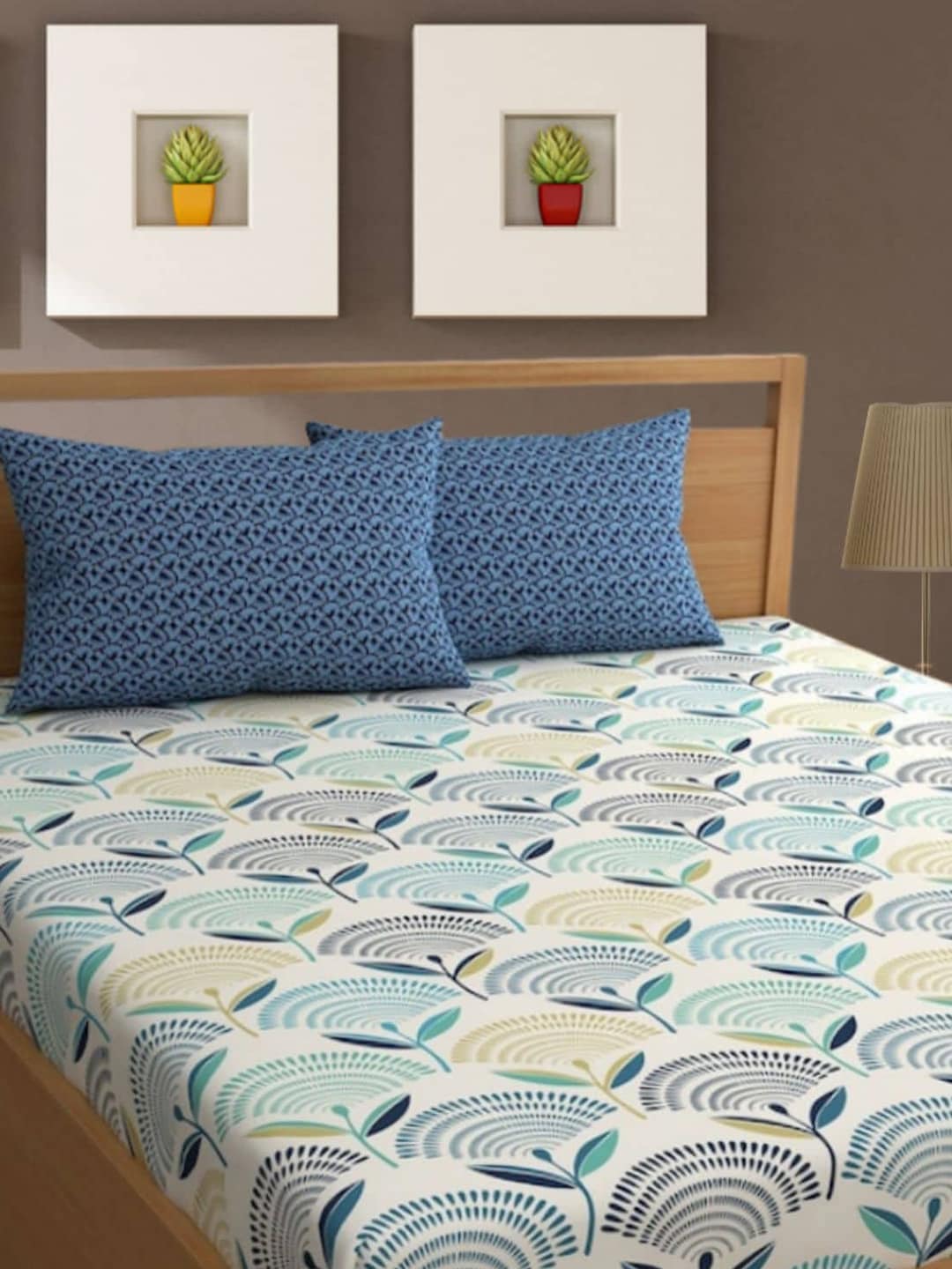Bajo's White & Green Ethnic Motifs 350 TC Cotton King Bedsheet with 2 Pillow Covers | Grocsy