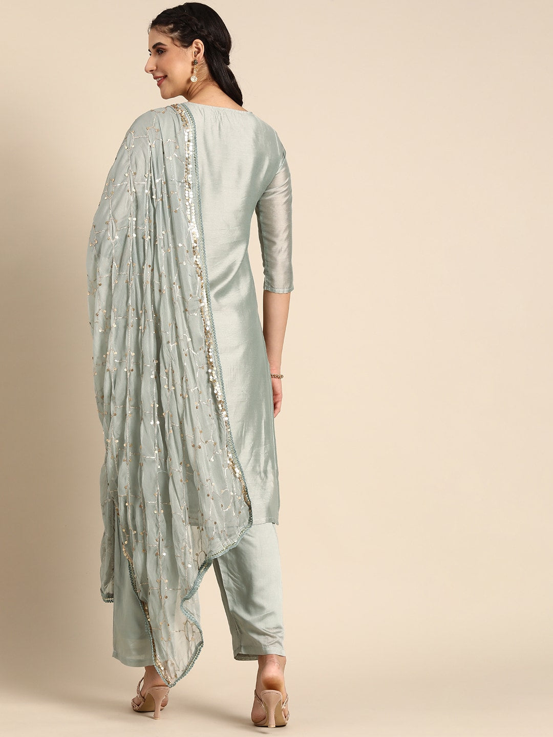 Sangria Women Grey Ethnic Motifs Embroidered Regular Sequinned Chanderi Silk Kurta with Palazzos & With | Grocsy