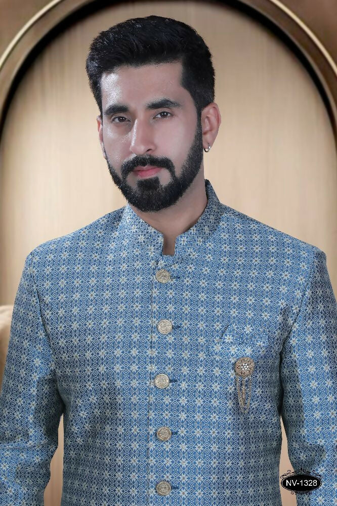 Joban Fashion Men's Blue Brocade Kurta with Pyjama | Grocsy
