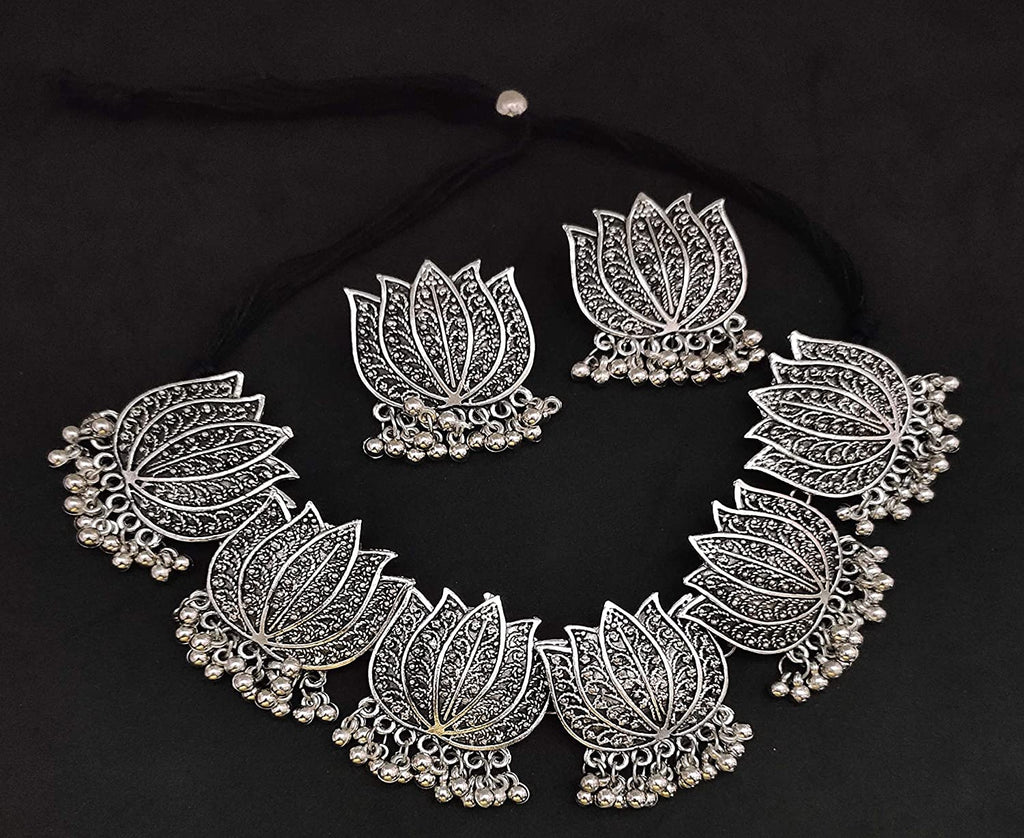 Silver-Plated Alloy Oxidised Lotus Petals Necklace - The Pari | Grocsy