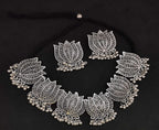 Silver-Plated Alloy Oxidised Lotus Petals Necklace - The Pari | Grocsy