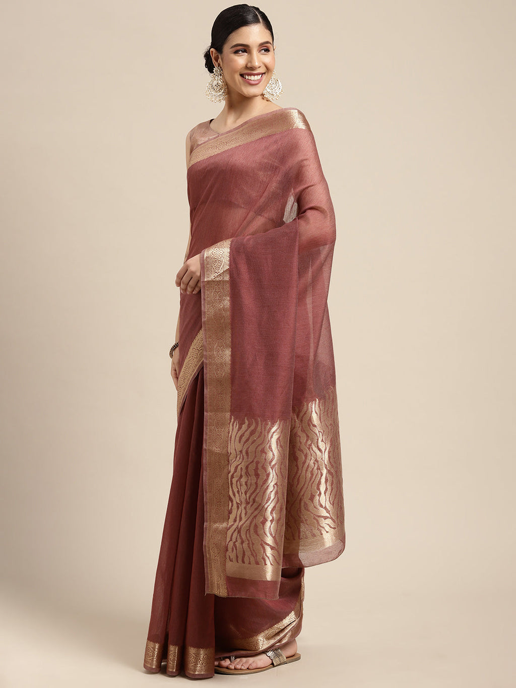 Saree Mall Mauve & Gold Solid Linen Blend Taant Saree | Grocsy
