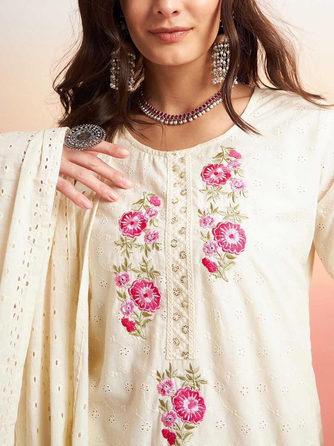 Sangria Pure Cotton Floral Embroidered Straight Kurta With Trousers & Dupatta | Grocsy
