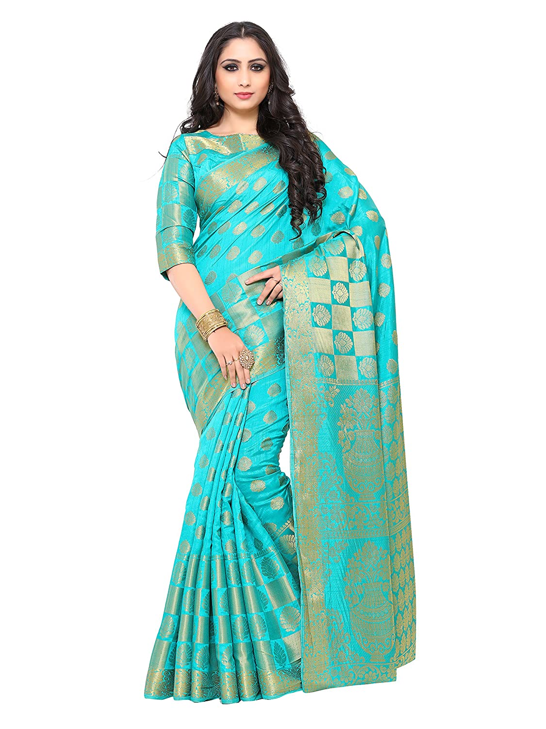 Mimosa Women's Turquoise Blue Woven Art Silk Saree With Blouse Piece | Grocsy