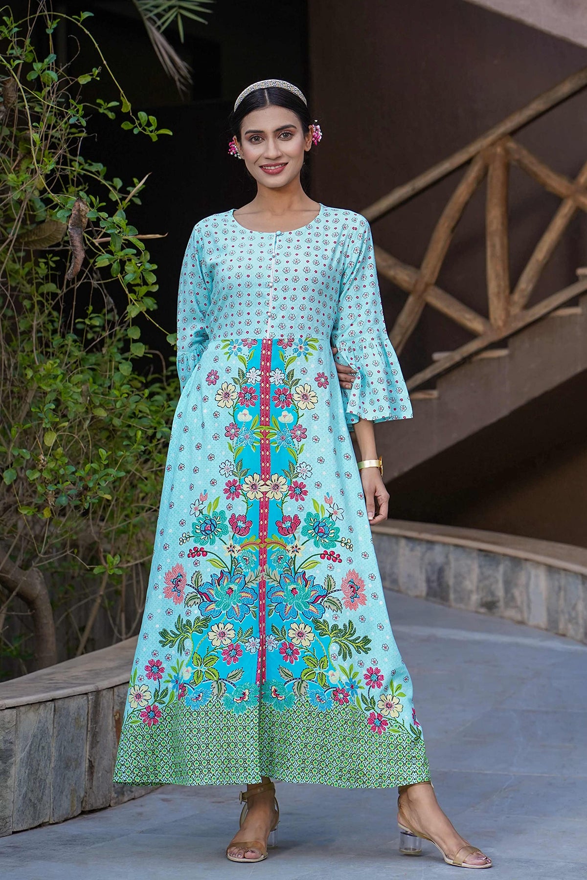 Juniper Women's Sky Blue Floral Printed Rayon Kurta With Buttons Closure At Back | Grocsy