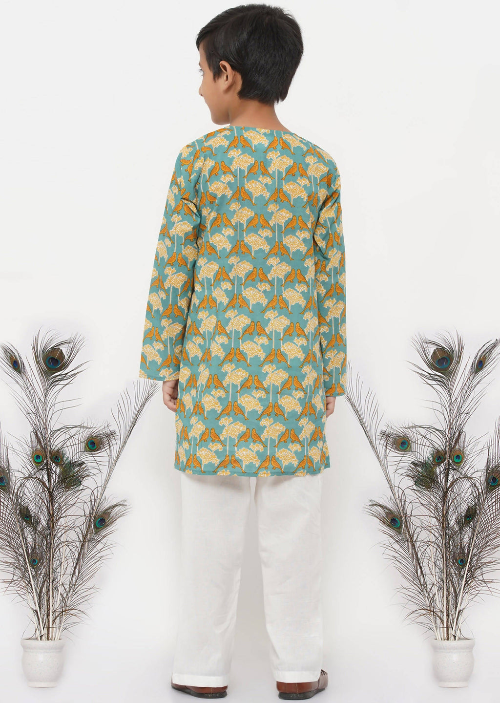 Little Bansi Boys Cotton Bird Print Kurta with Pearl Buttons & Pyjama -Blue & Cream | Grocsy