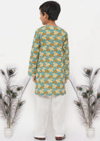 Little Bansi Boys Cotton Bird Print Kurta with Pearl Buttons & Pyjama -Blue & Cream | Grocsy