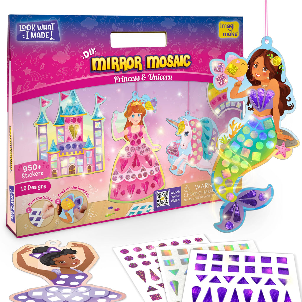 Imagimake Mirror Mosaic Princess & Unicorn Kids Art Set | DIY Craft Kit | Foil Stickers for Kids | Birthday Gift for Girls and Boys Ages 3,4,5,6,7,8 | 3 Year Old Girl Gifts | Grocsy