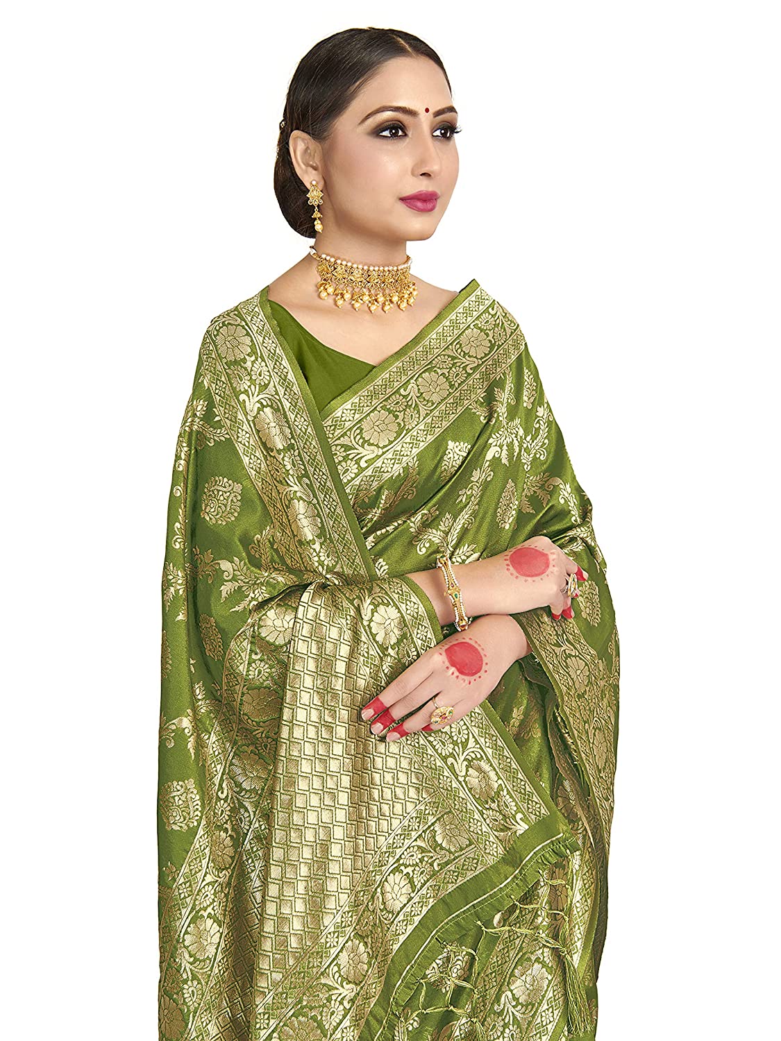 Vardha Women's Olive Green Banarasi Art Silk Saree | Grocsy