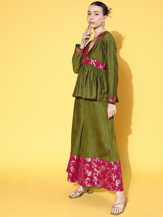 InWeave Women's Olive Pink Brocade Mughal Shaan Kurta Palazzo Set | Grocsy