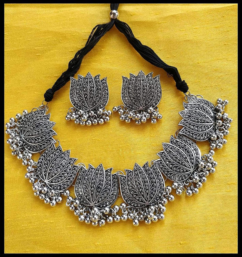 Silver-Plated Alloy Oxidised Lotus Petals Necklace - The Pari | Grocsy