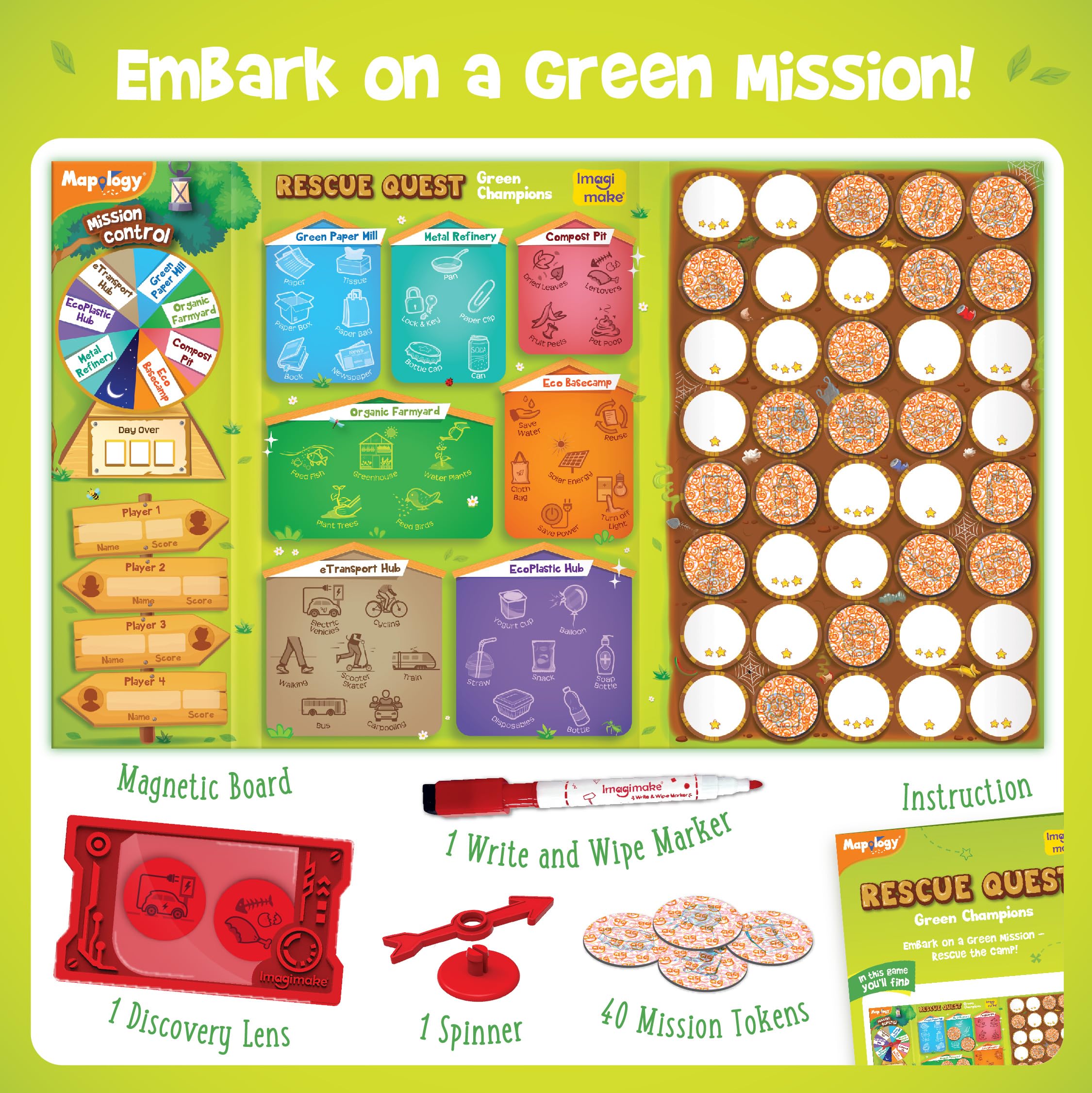 Imagimake Rescue Quest–Green Champions | Spin, Discover & Rescue Green Missions | Educational Fun Board Games for Friends & Family Night |Travel-Friendly Indoor Game |Gift for Kids Ages 5,6,7,8,9,10 | Grocsy