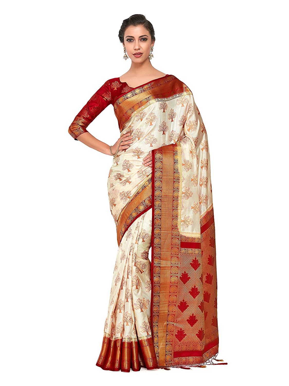 Mimosa Women's Kanchipuram Silk Saree With Blouse Piece | Grocsy