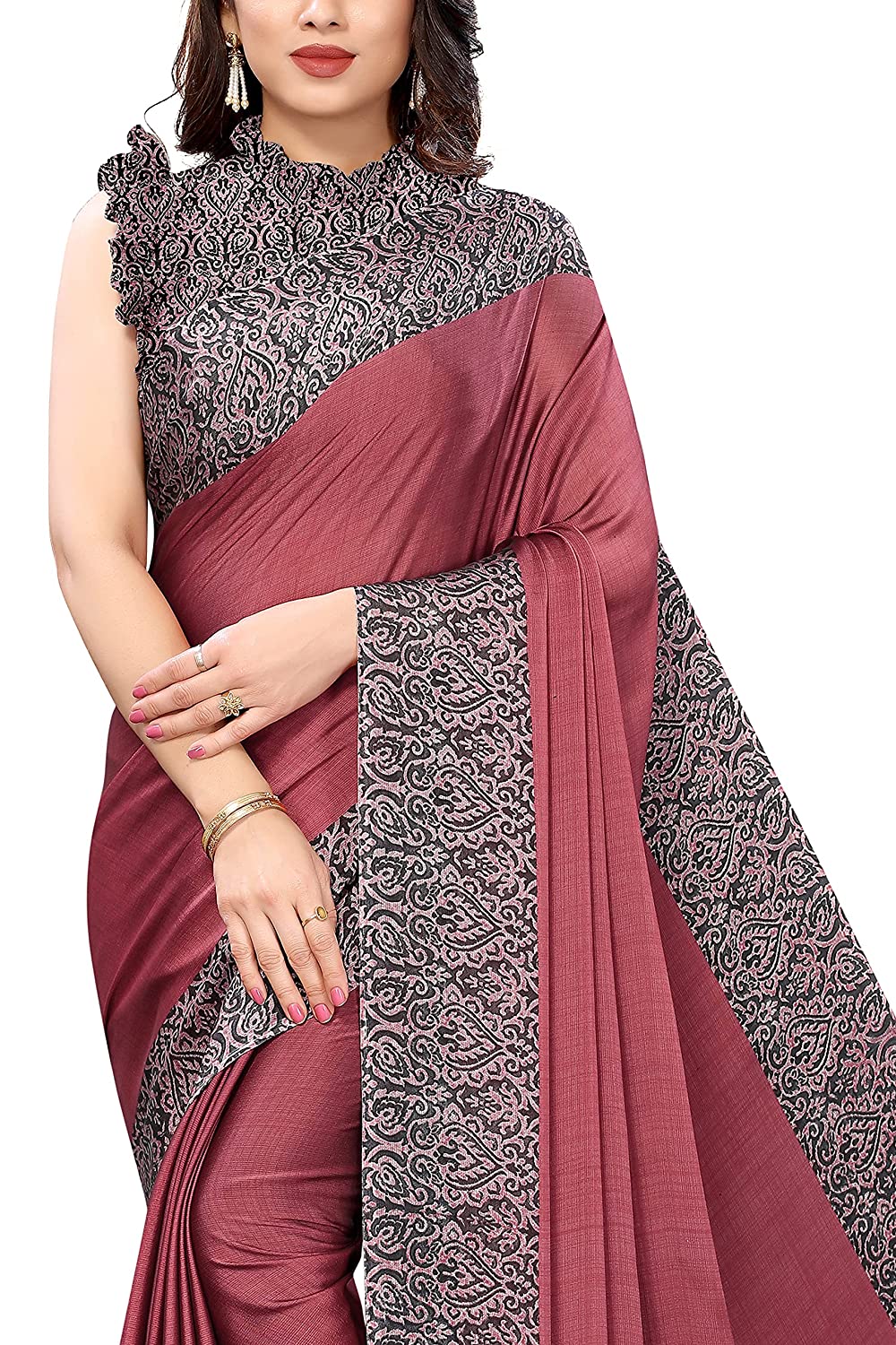 Mirchi Fashion Women's Pink & Black Printed Chiffon Saree | Grocsy