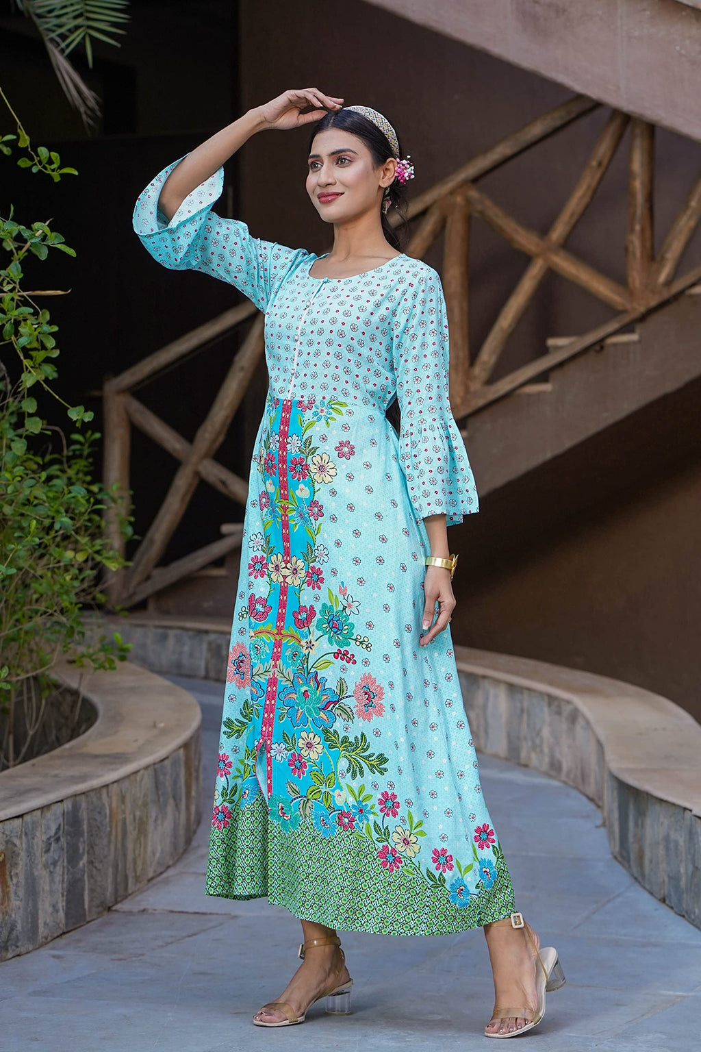 Juniper Women's Sky Blue Floral Printed Rayon Kurta With Buttons Closure At Back | Grocsy