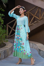 Juniper Women's Sky Blue Floral Printed Rayon Kurta With Buttons Closure At Back | Grocsy