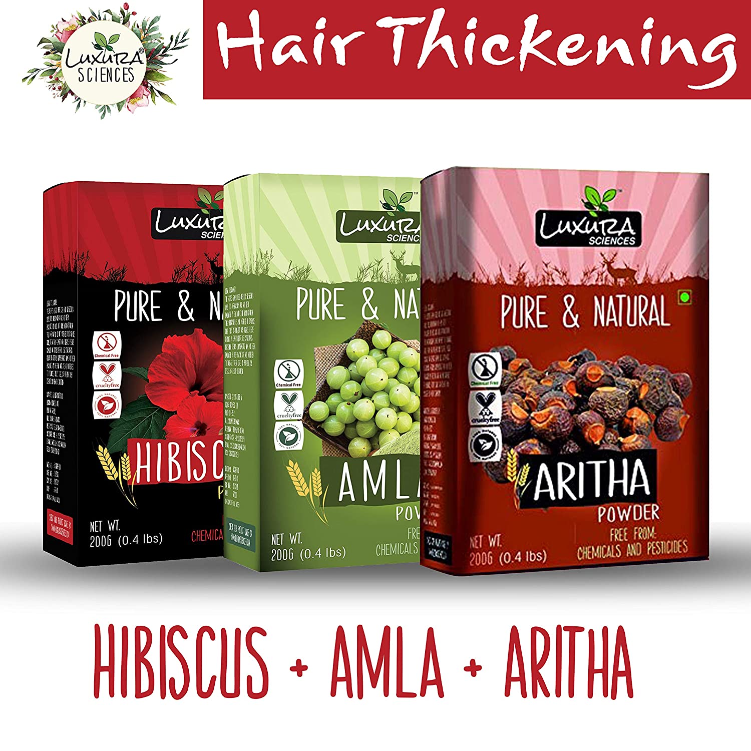 Luxura Sciences Natural Hair Care for Hair Thickening - Hibiscus + Amla + Aritha | Grocsy