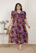 Miravan Womens Plus Size Floral Print Puff Sleeve Pure Cotton Magenta Butterfly Maxi Dress | Grocsy