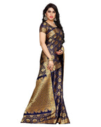 Mimosa Women's navy Blue Kanchipuram Silk Saree With Unstitched Blouse Piece | Grocsy