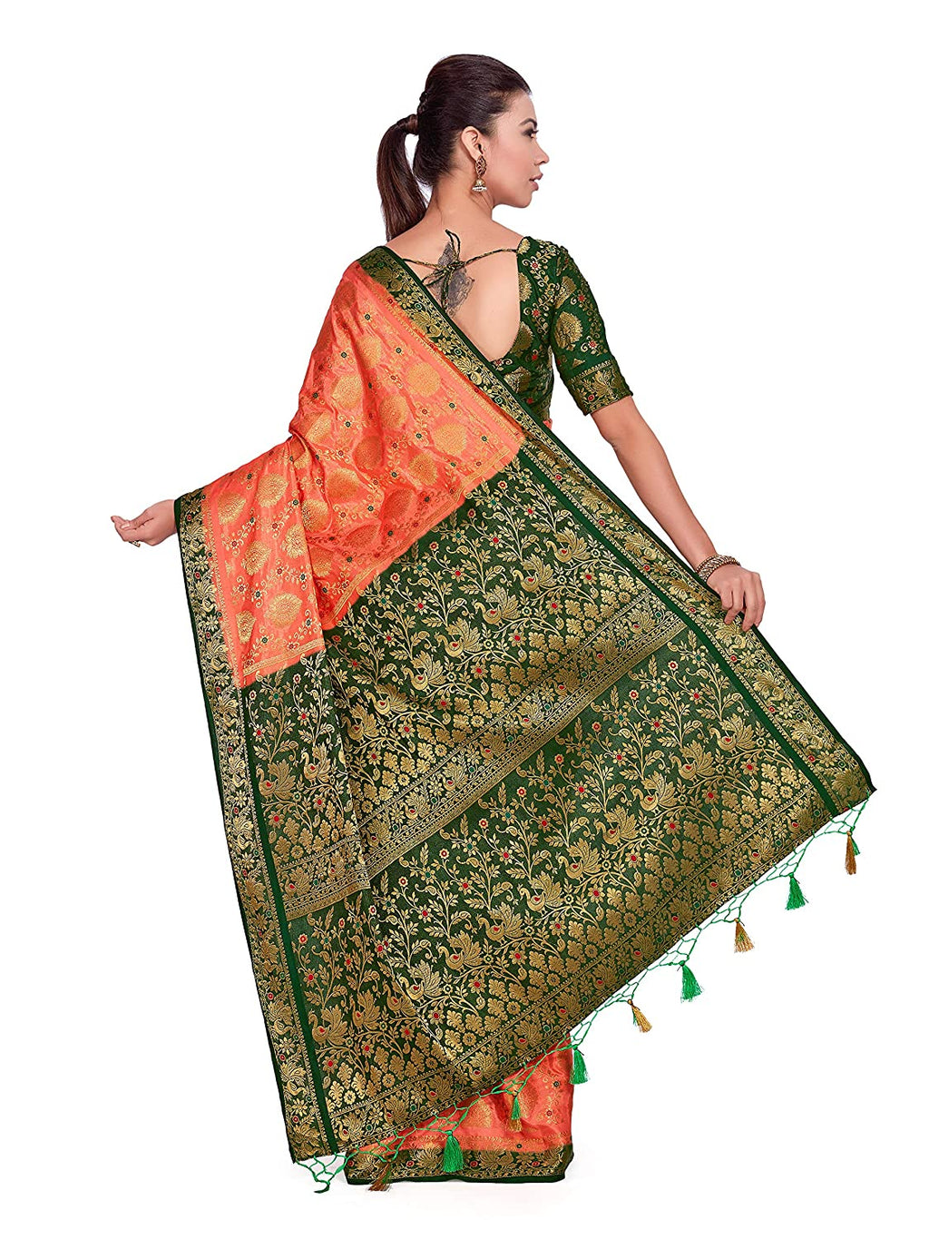 Mimosa Women's Orange Art Silk Kanjivaram Pattu Style Saree With Contrast Blouse | Grocsy