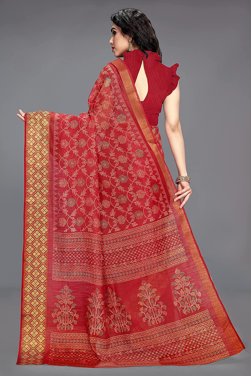 Mirchi Fashion Women's Red Cotton Blend Kalamkari Printed Saree | Grocsy