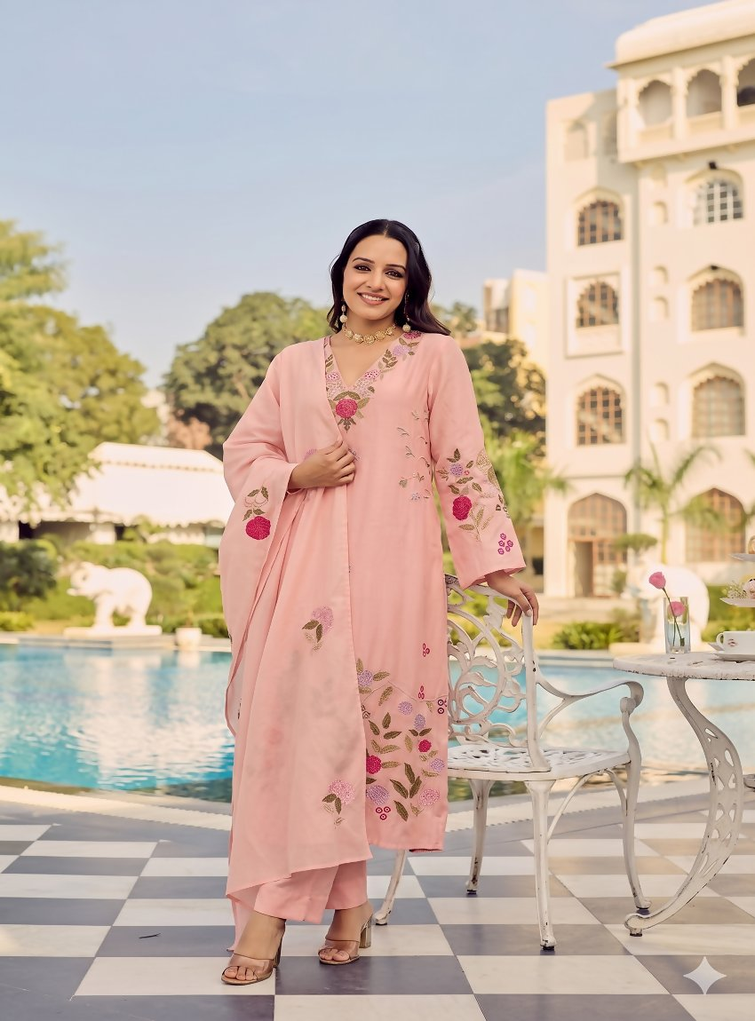 Teeya Creation Premium Peach Chanderi Silk Floral Embroidered Straight Kurta Pant Set With Dupatta For Women | Grocsy