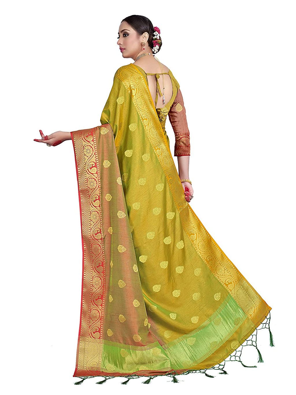 Vardha Women's Yellow Woven Raw Silk Saree | Grocsy