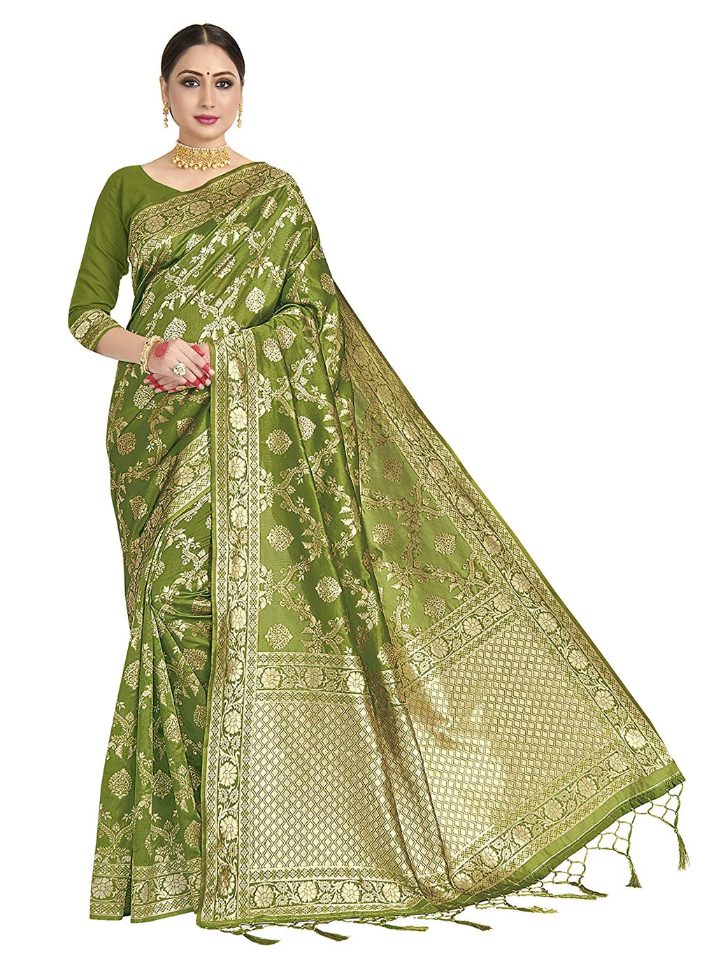 Vardha Women's Olive Green Banarasi Art Silk Saree | Grocsy