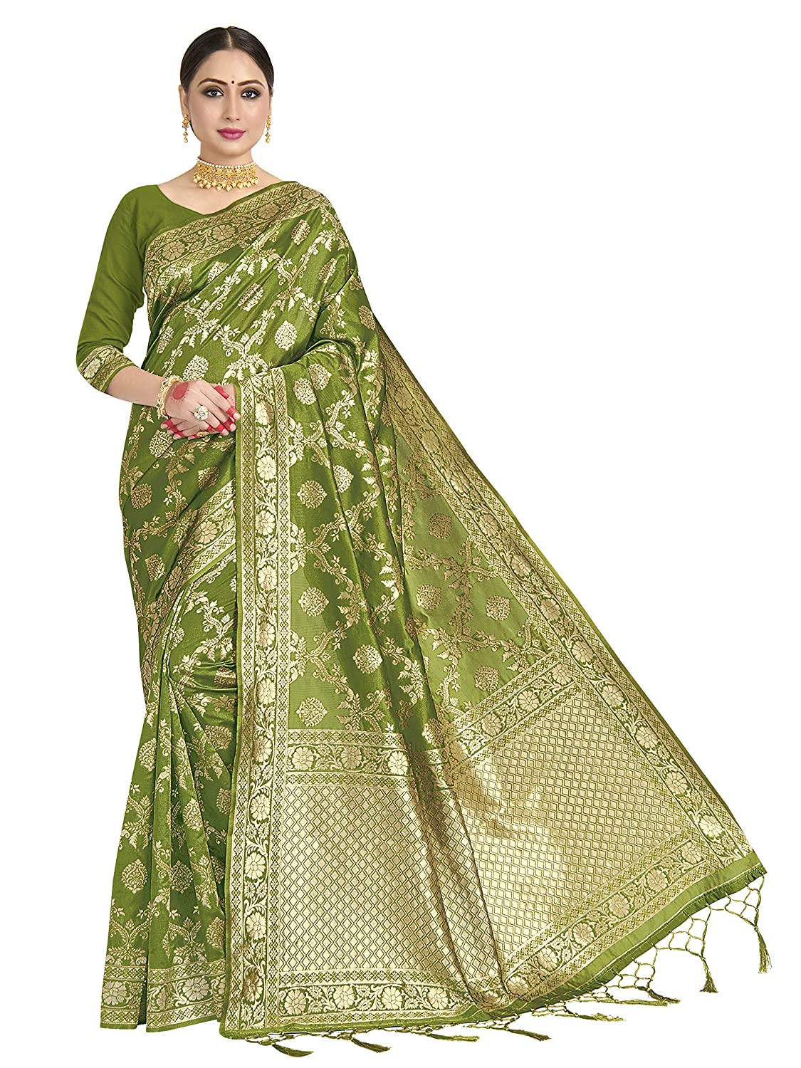 Vardha Women's Olive Green Banarasi Art Silk Saree | Grocsy
