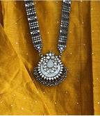 Silver-Plated Alloy Long Kundan Studded Silver Oxidised Necklace - The Pari | Grocsy