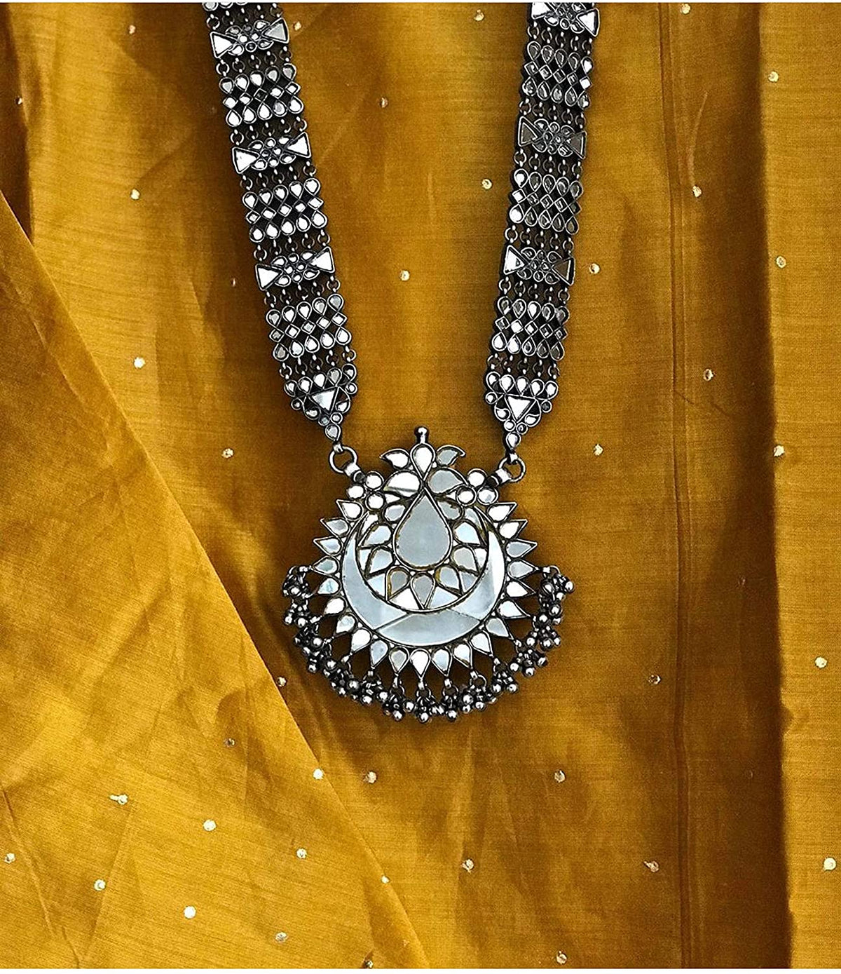 Silver-Plated Alloy Long Kundan Studded Silver Oxidised Necklace - The Pari | Grocsy