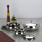 Sumeet Stainless Steel Apple Shape Cook and Serve Handi Set with Lid and Handle|3 Pieces - 650ml, 1150ml & 1700ml | Grocsy