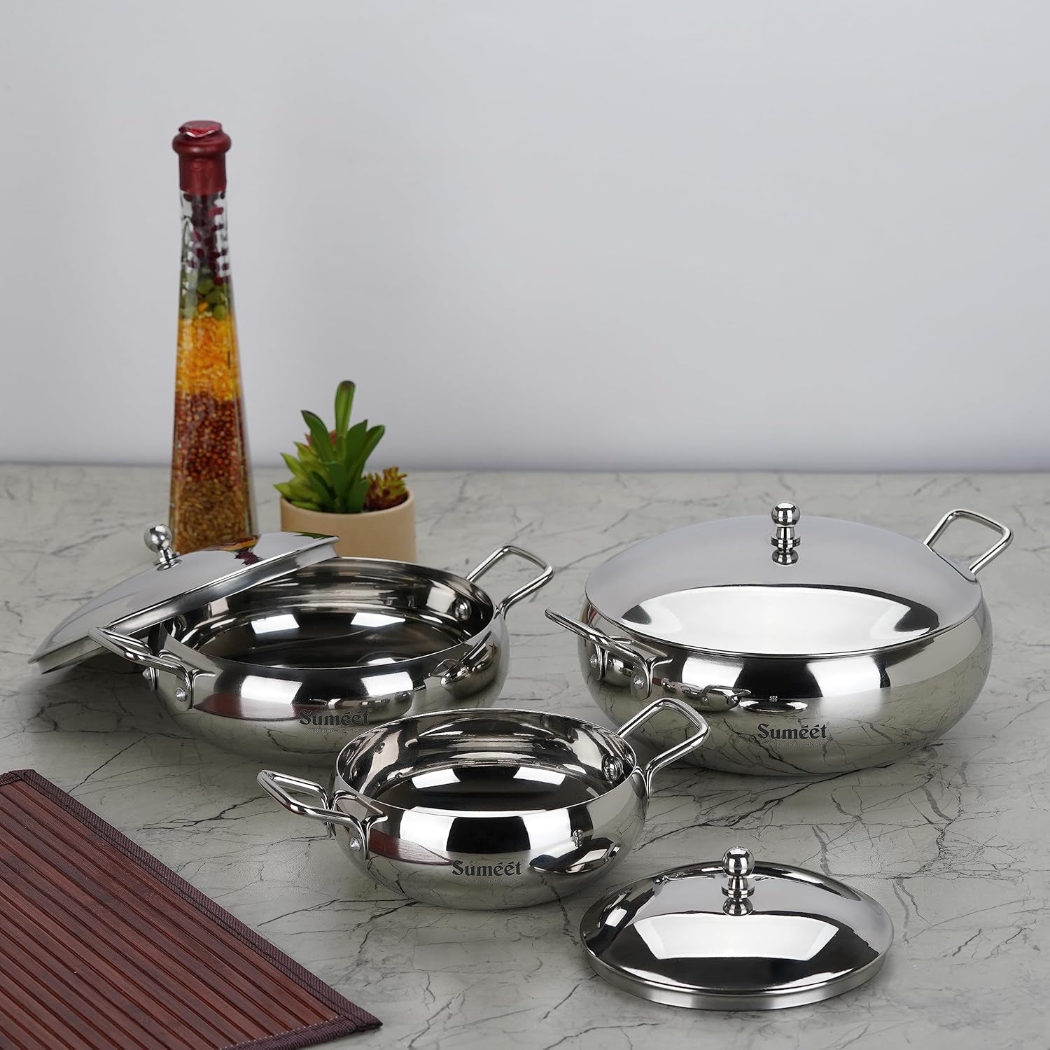 Sumeet Stainless Steel Apple Shape Cook and Serve Handi Set with Lid and Handle|3 Pieces - 650ml, 1150ml & 1700ml | Grocsy
