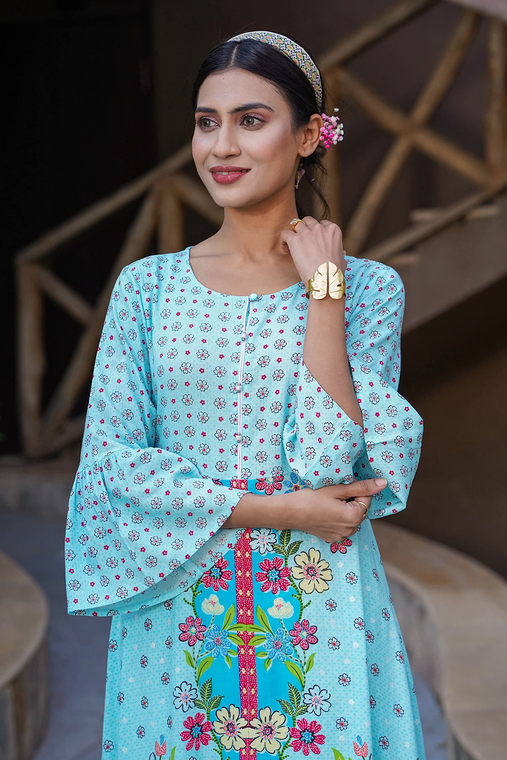 Juniper Women's Sky Blue Floral Printed Rayon Kurta With Buttons Closure At Back | Grocsy