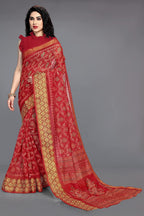 Mirchi Fashion Women's Red Cotton Blend Kalamkari Printed Saree | Grocsy