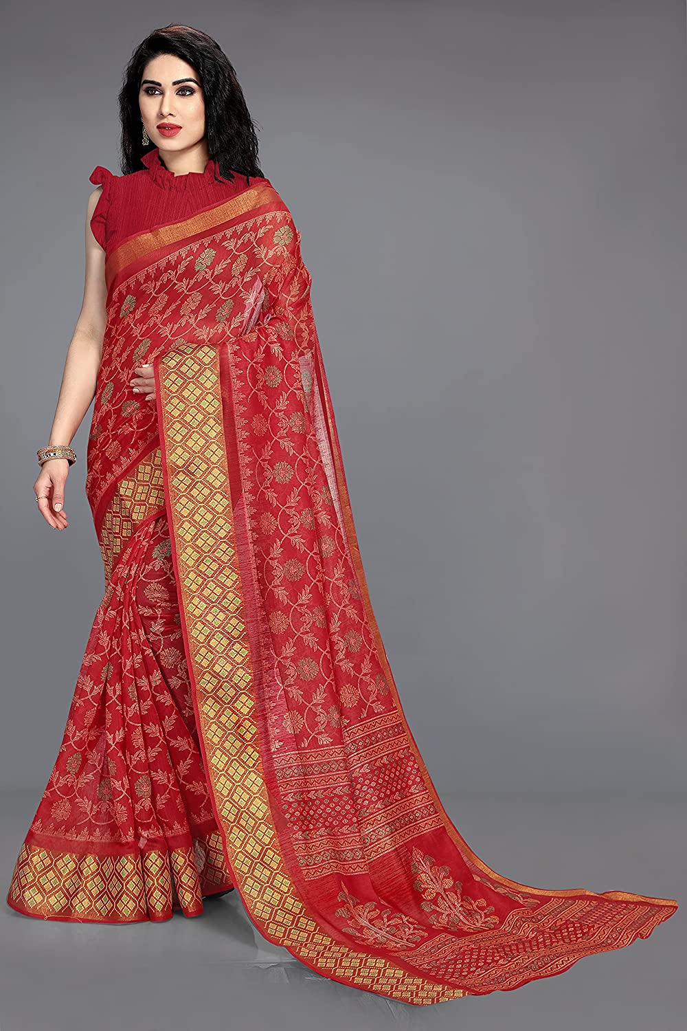 Mirchi Fashion Women's Red Cotton Blend Kalamkari Printed Saree | Grocsy