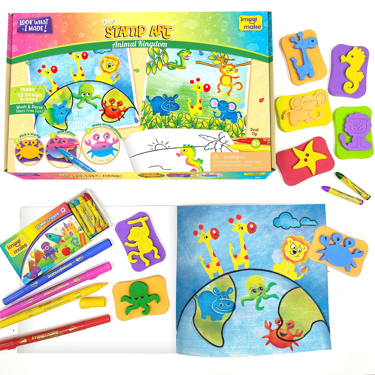 Imagimake Stamp Art Animal Kingdom | Crafts for Kids Ages 3-5 | Stamps with Easy Blending Pens | Arts and Crafts for Kids Ages 3-5 | Gifts for Toddlers | Gifts for Girls & Boys 3, 4, 5 Years | Grocsy
