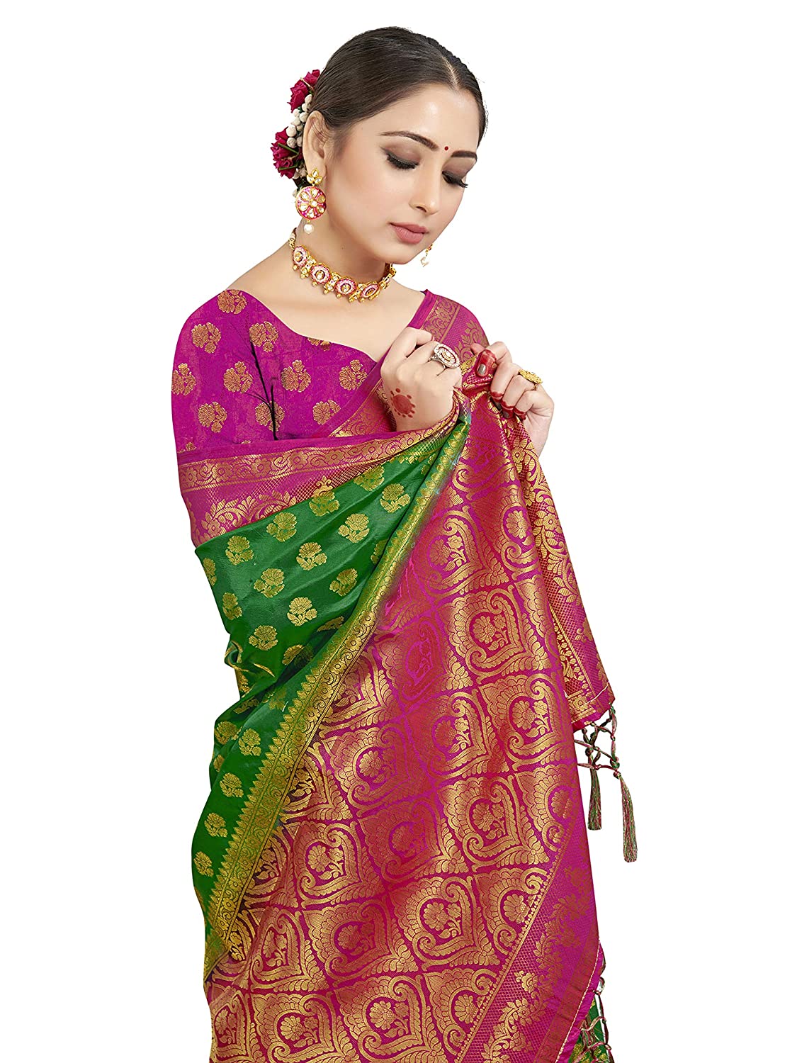 Vardha Women's Green Woven Raw Silk Banarasi Saree | Grocsy