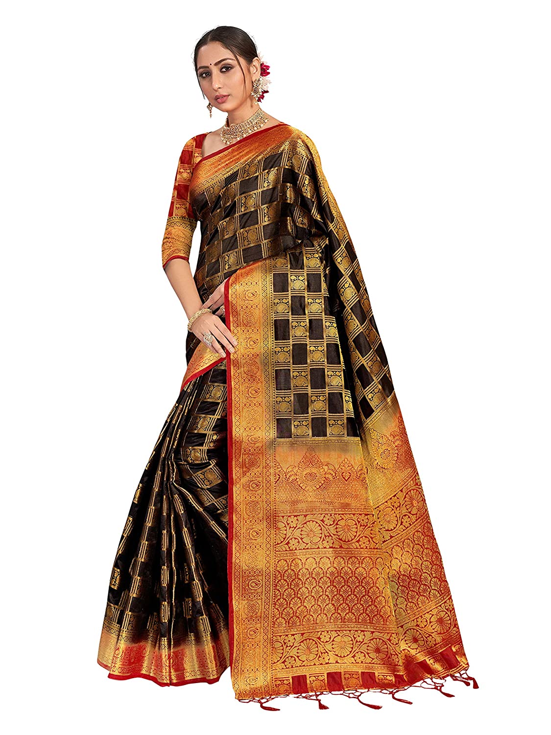 Vardha Women's Black Woven Art Silk Saree With Blouse Piece | Grocsy