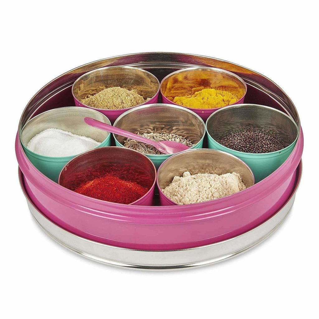 Stainless Steel Made Masala Box Spice Box Masala Dabba Container With Glass Lid 7 Compartments With 1 Spoon | Grocsy