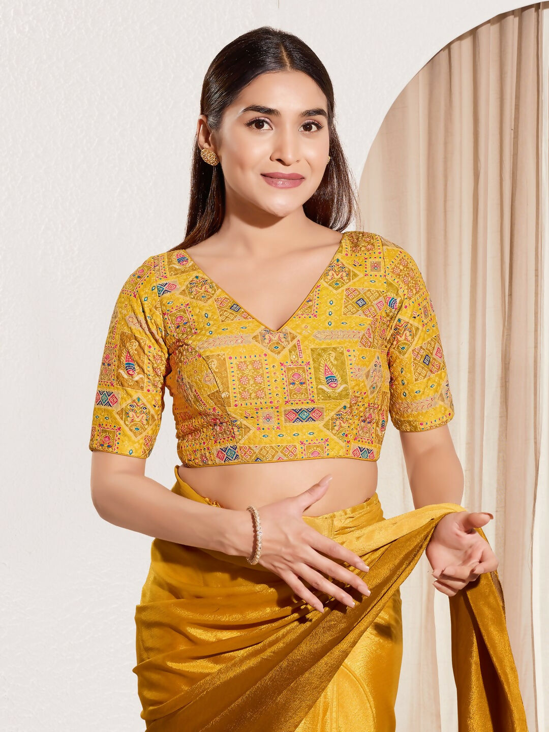 Joban Fashion Yellow Viscose Rayon Padded Blouse With V Neck Elbow Sleeves | Grocsy