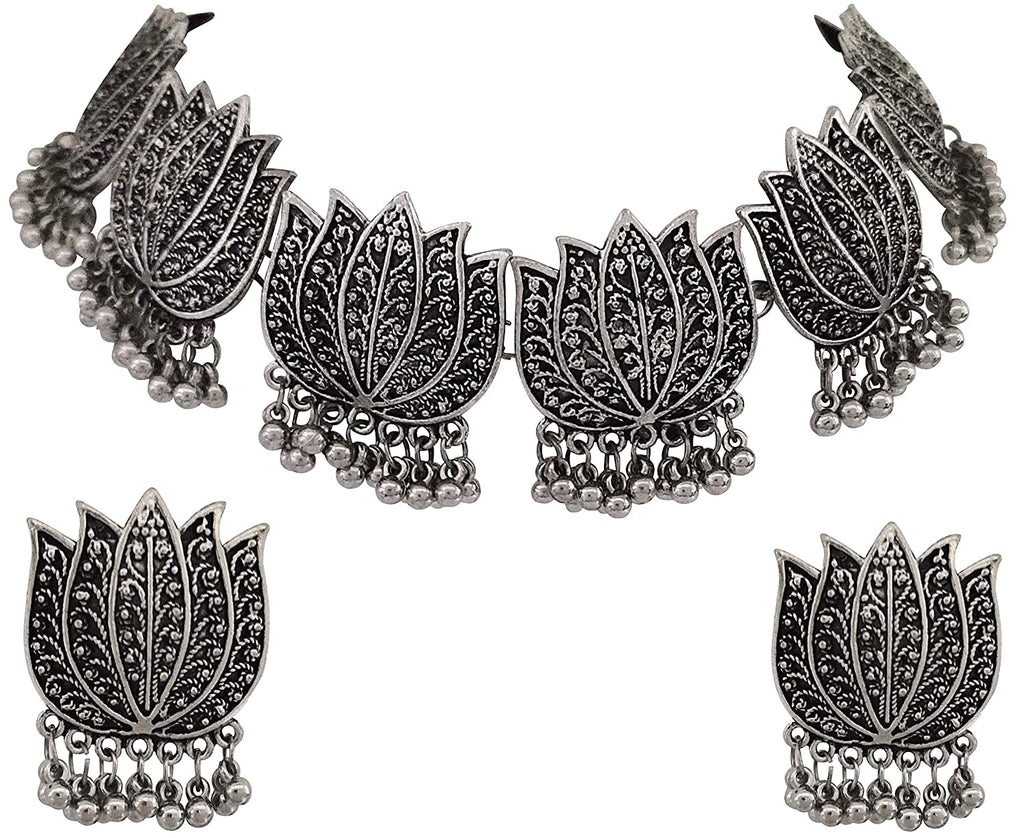 Silver-Plated Alloy Oxidised Lotus Petals Necklace - The Pari | Grocsy