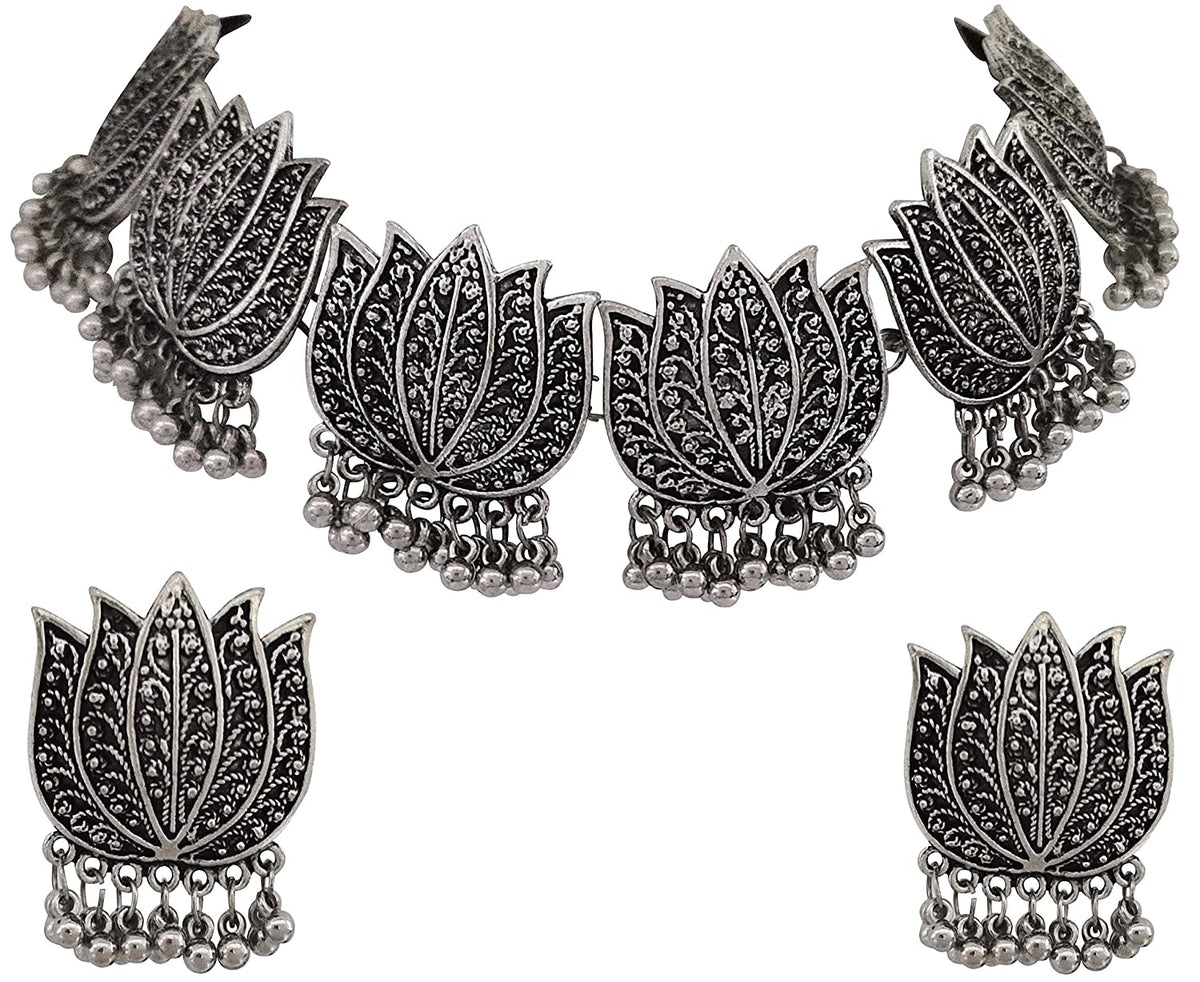 Silver-Plated Alloy Oxidised Lotus Petals Necklace - The Pari | Grocsy
