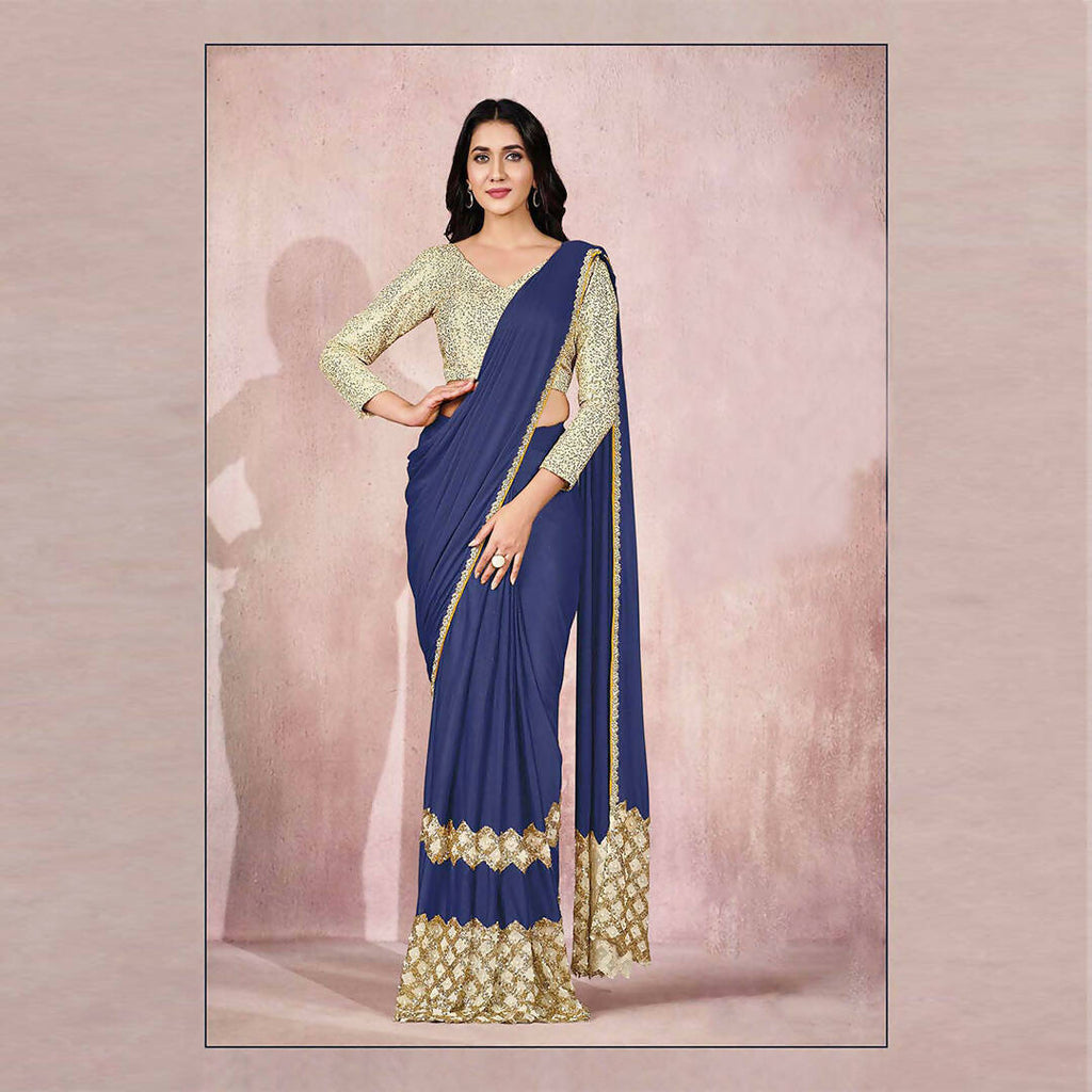 Blue Lycra Embroidery Designer Saree With Blouse - Mohmanthan Sitaarah | Grocsy