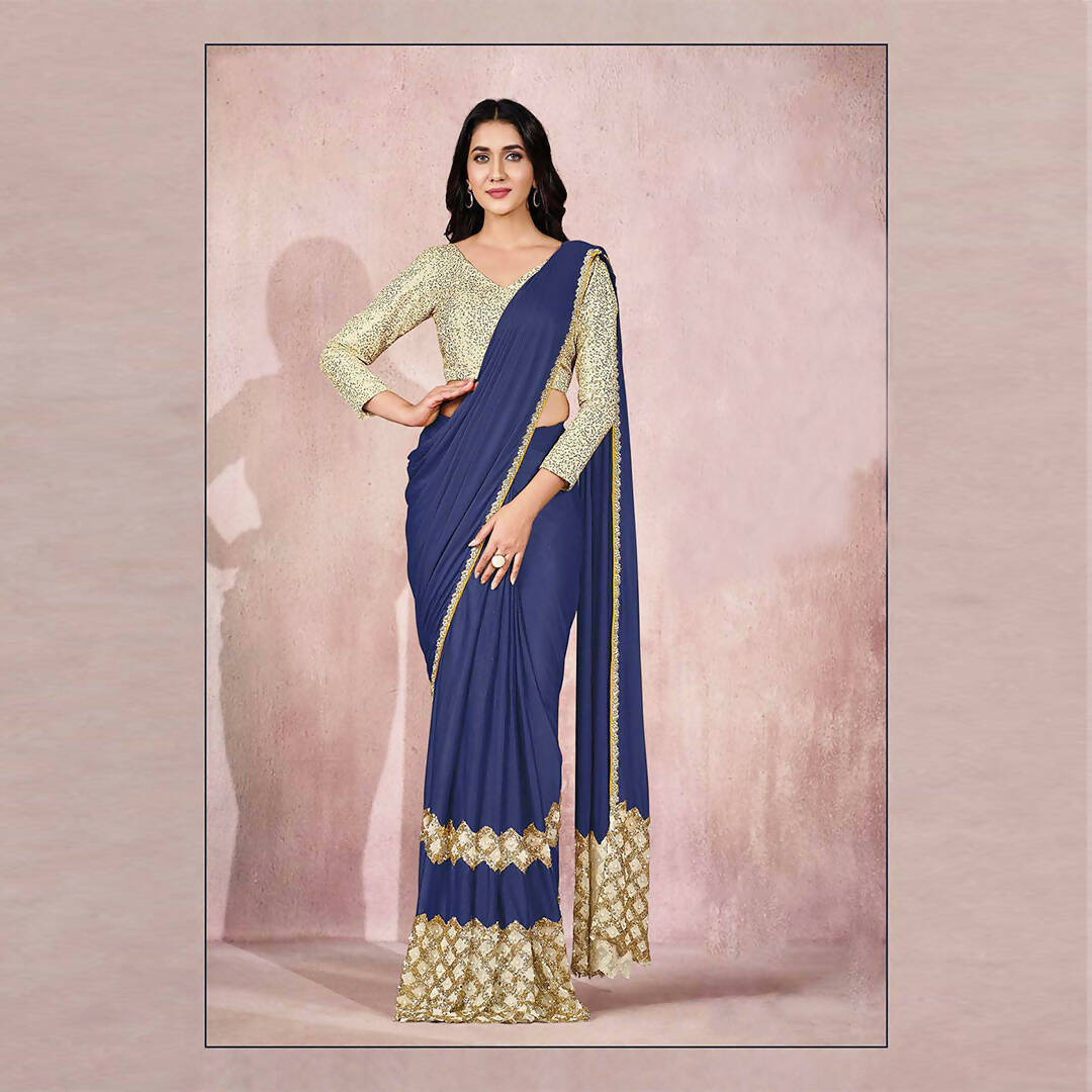 Blue Lycra Embroidery Designer Saree With Blouse - Mohmanthan Sitaarah | Grocsy